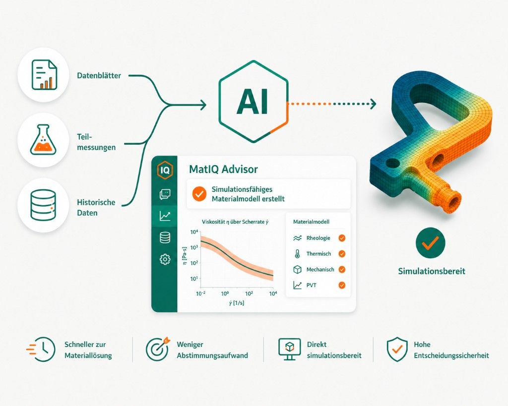 Infografik: MatIQ Advisor – vom Materialdaten-Upload über KI bis zum simulationsfertigen Materialmodell