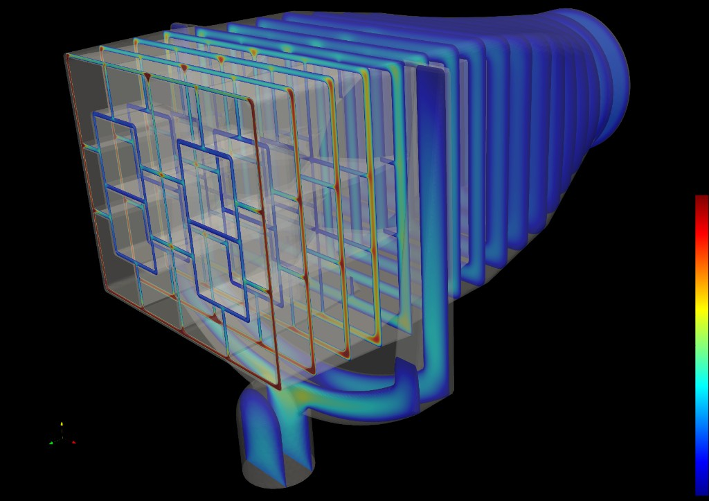 3D-Strömungssimulation mit Geschwindigkeitsverteilung in einem Extrusions- oder Blasformwerkzeug